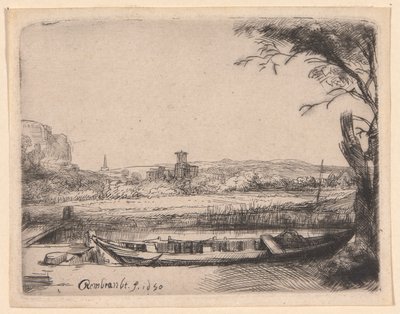 Kanal med en stor båd og en bro af Rembrandt van Rijn