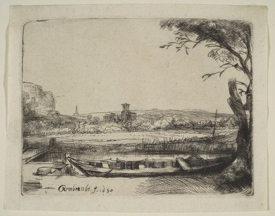 Kanal med en stor båd og en bro, 1650. af Rembrandt van Rijn