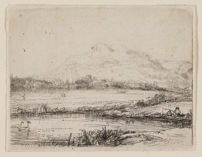 Kanal med en lystfisker og to svaner af Rembrandt van Rijn