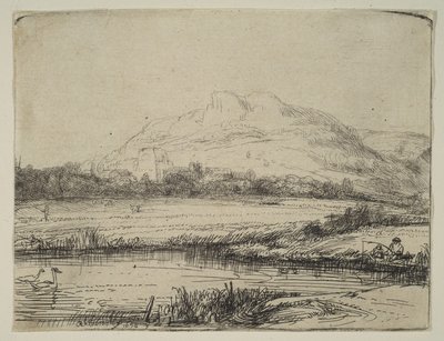 Kanal med en lystfisker og to svaner, 1650. af Rembrandt van Rijn