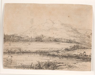 Kanal med en lystfisker og to svaner af Rembrandt van Rijn