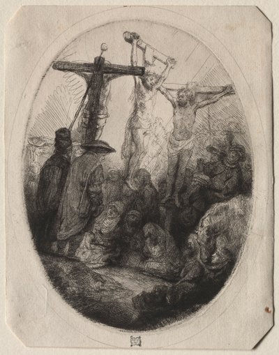 Kristus korsfæstet mellem to tyve: En oval plade, ca. 1641. af Rembrandt van Rijn