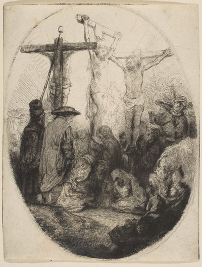 Kristus korsfæstet mellem to tyve, oval plade, ca. 1641. af Rembrandt van Rijn