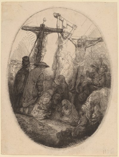 Kristus korsfæstet mellem de to tyve: en oval plade af Rembrandt van Rijn