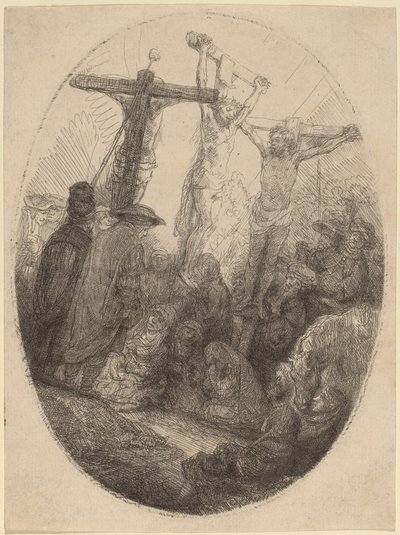 Kristus korsfæstet mellem de to tyve: en oval plade af Rembrandt van Rijn