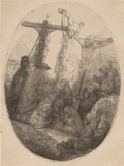 Kristus korsfæstet mellem de to tyve: en oval plade, ca. 1641. af Rembrandt van Rijn
