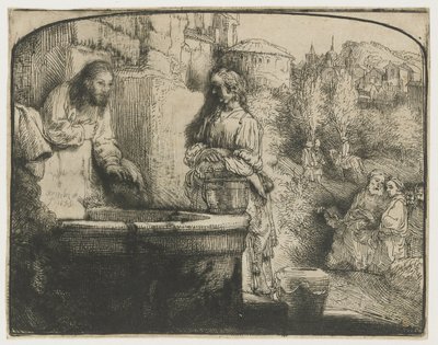 Kristus og Samarias kvinde Kristus og kvinden i Samaria: et buet tryk af Rembrandt van Rijn