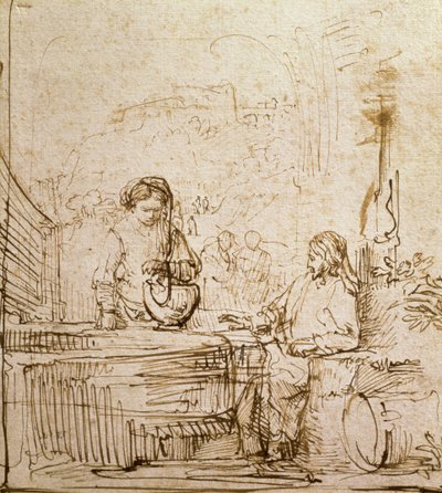 Kristus og Samarias kvinde (pen og brunt blæk på papir) af Rembrandt van Rijn