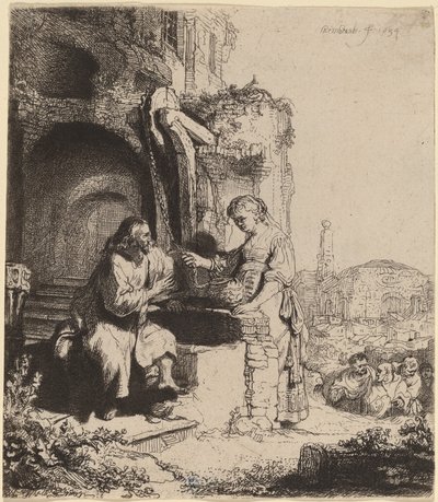 Kristus og kvinden i Samaria blandt ruiner af Rembrandt van Rijn