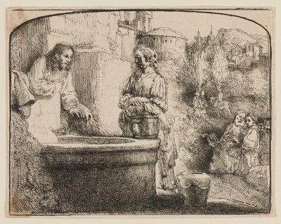 Kristus og Samarias kvinde: Et buet tryk af Rembrandt van Rijn