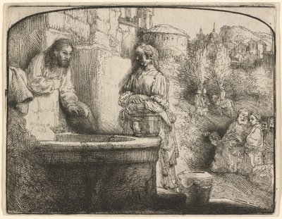 Kristus og kvinden i Samaria: et buet tryk af Rembrandt van Rijn