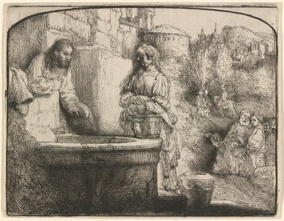 Kristus og kvinden fra Samaria: et tryk med buet motiv af Rembrandt van Rijn