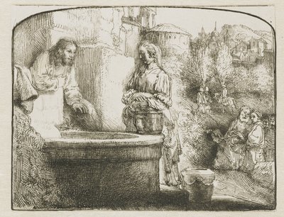 Kristus og kvinden i Samaria: et buet tryk af Rembrandt van Rijn