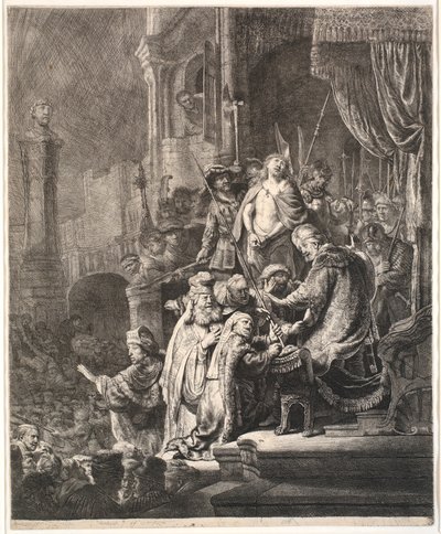 Jesus før Pilatus: stor tallerken af Rembrandt van Rijn