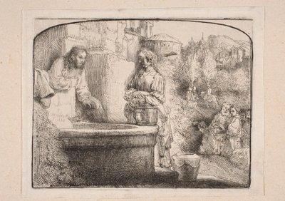 Kristus og den samaritanske kvinde (Komposition afsluttet øverst med en bue) af Rembrandt van Rijn