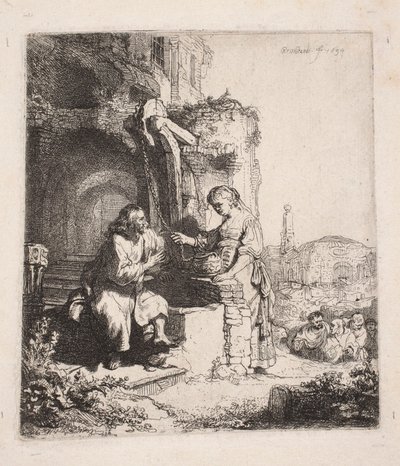 Kristus og den samaritanske kvinde blandt ruinerne (lodret illustration) af Rembrandt van Rijn