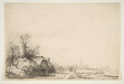 Sommerhus ved siden af en kanal med udsigt over Ouderkerk, ca. 1641. af Rembrandt van Rijn