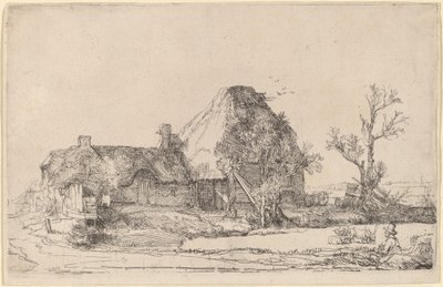 Hytter og landbrugsbygninger med en mand, der tegner af Rembrandt van Rijn