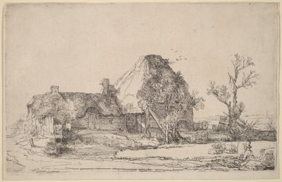 Hytter og landbrugsbygninger med en mand, der tegner af Rembrandt van Rijn