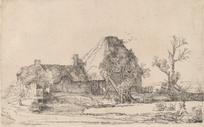 Hytter og landbrugsbygninger med en mand, der tegner, ca. 1645. af Rembrandt van Rijn