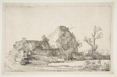 Hytter og landbrugsbygninger med en mand, der tegner, ca. 1645. af Rembrandt van Rijn