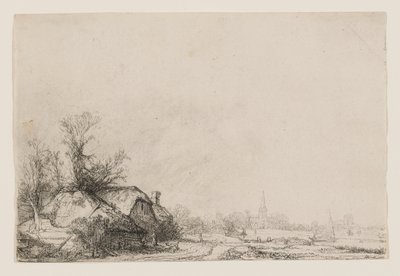 Hytter ved en kanal med en kirke og en sejlbåd af Rembrandt van Rijn