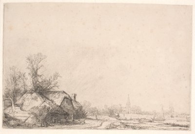 Hytter ved en kanal: med en kirke og en sejlbåd af Rembrandt van Rijn