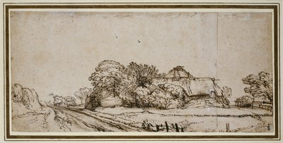 Gårdsbygninger ved siden af en vej (pen og brunt blæk med brun vask) af Rembrandt van Rijn