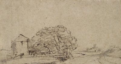 Gårdsbygning ved siden af en vej med fjerntliggende bondegård, 1650-69 (pen & brun blæk med grå vask på papir) af Rembrandt van Rijn