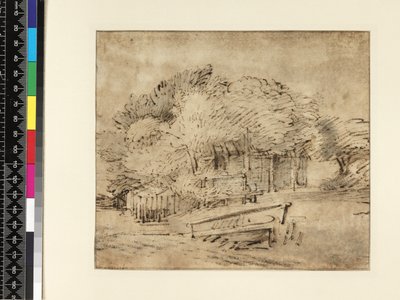Bondegård under træer, med en gangbro, ca. 1650 (pen og blæk med vask på papir) af Rembrandt van Rijn