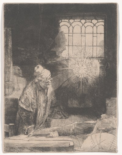 Faust i sit studie ser på en magisk skive, eller En lærd i sit studie, ca. 1652 af Rembrandt van Rijn