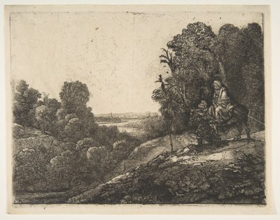 Flyvning til Egypten: Ændret fra Tobias og englen af Hercules Segers, ca. 1653. af Rembrandt van Rijn
