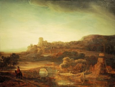 Flodlandskab med en vindmølle af Rembrandt van Rijn