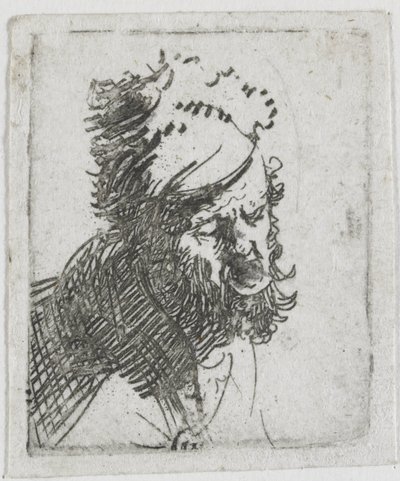 Hovedet af en mand med en pelshue, der råber af Rembrandt van Rijn