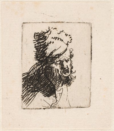 Hovedet af en mand med en pelshue, der råber af Rembrandt van Rijn