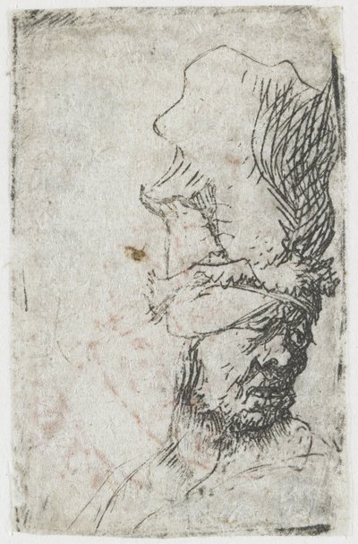 Hovedet af en mand med en høj kasket af Rembrandt van Rijn