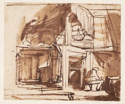 Interiør med en Snoede Trappe og en Siddende Mand af Rembrandt van Rijn