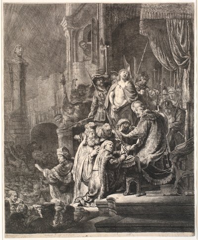 Jesus før Pilatus: stor tallerken af Rembrandt van Rijn