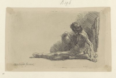 Ung mand sidder på gulvet med det ene ben strakt Recueil de quatre-vingt-cinq estampes originales (serietitel) af Rembrandt van Rijn