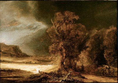 Landskab ved det barmhjertige samaritanske maleri af Harmenszoon van Rijn dit Rembrandt (1606-1669) 1638 Søn. 46,5x66 cm Czartoryski Museum, Krakow, Polen af Rembrandt van Rijn
