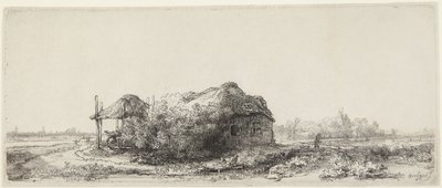 Landskab med hytter og en høstak af Rembrandt van Rijn