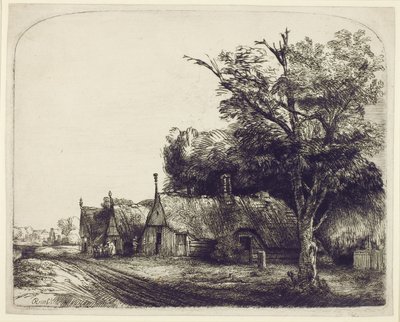 Landskab med gavlhuse ved siden af en vej, 1650 (ætsning og tørnål på papir) af Rembrandt van Rijn