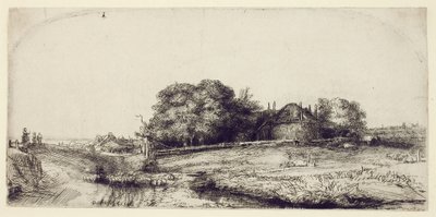 Landskab med hølade og en flok får, ca. 1652 (ætsning og tørnål på papir) af Rembrandt van Rijn