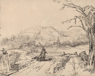 Landskab med sportsmand og hund, ca. 1653. af Rembrandt van Rijn