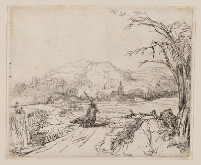 Landskab med sportsmand og hunde af Rembrandt van Rijn