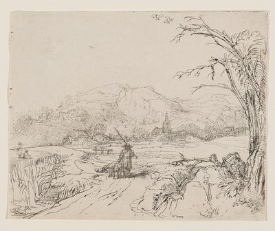 Landskab med jæger og hunde af Rembrandt van Rijn
