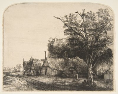 Landskab med tre gavlhuse ved siden af en vej, 1650. af Rembrandt van Rijn