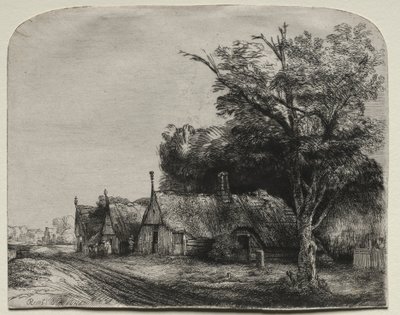 Landskab med tre gavlhuse ved siden af en vej, 1650. af Rembrandt van Rijn