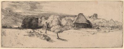 Landskab med træer, landbrugsbygninger og et tårn af Rembrandt van Rijn