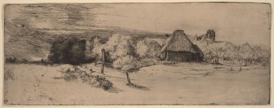 Landskab med træer, landbrugsbygninger og et tårn af Rembrandt van Rijn